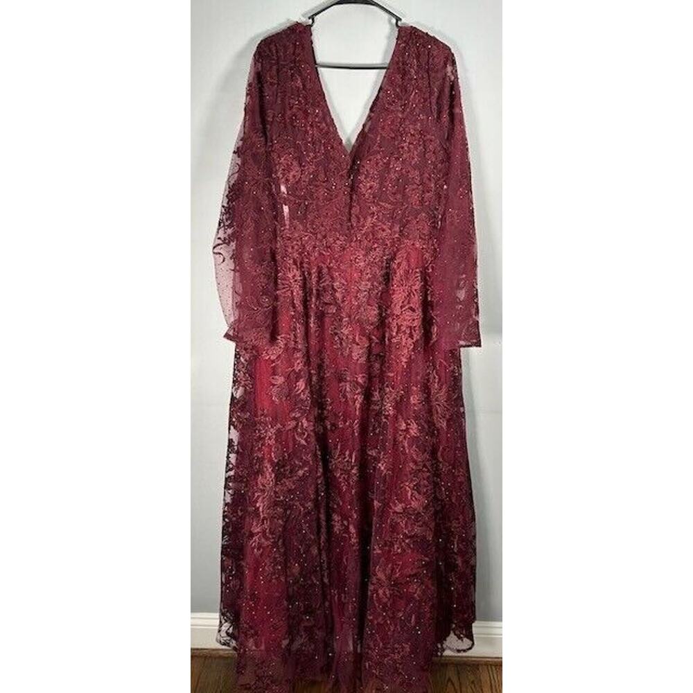 NWT Mac Duggal Embellished Illusion Gown Dress Long Sleeve Maroon Plus Size 18 - Picture 6 of 13